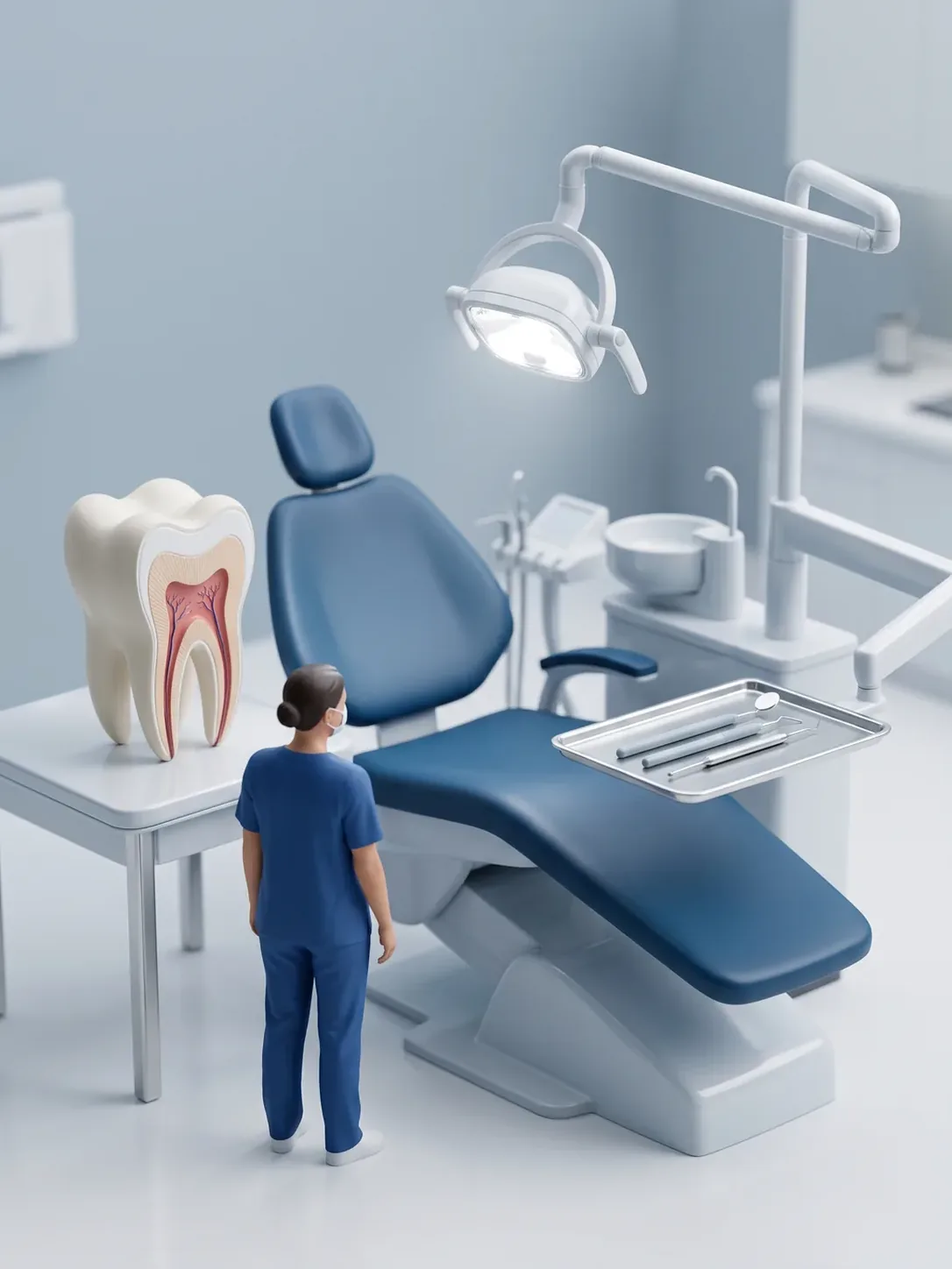 Sillón dental vacío y ya reclinado con la lámpara encendida y la bandeja de endodoncia preparada, junto a un molar seccionado sobre la mesa, en Novodent Toluca