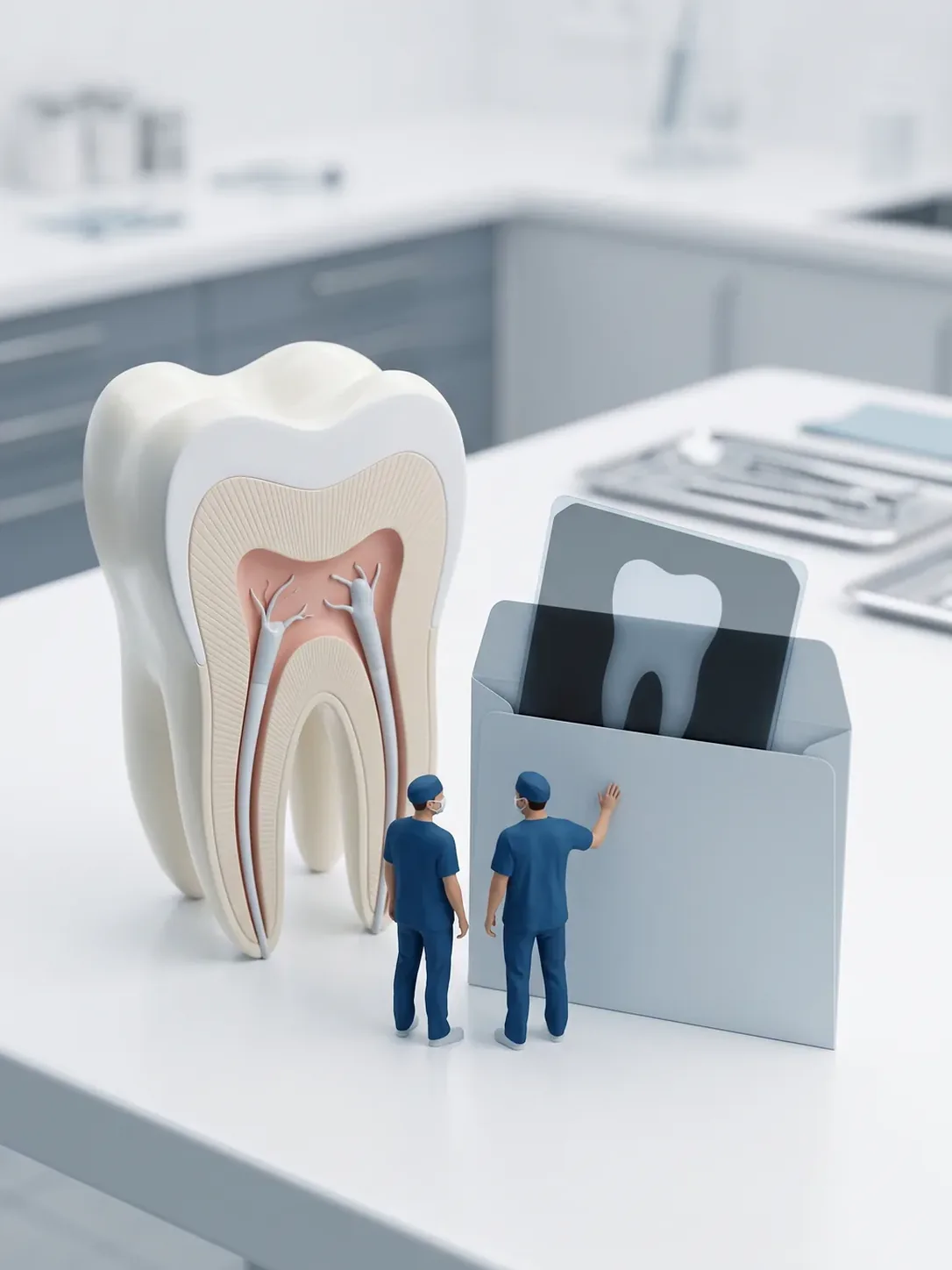 Molar gigante seccionado con los conductos ya sellados junto a un sobre de radiografías liso y sin rótulo del que asoma una placa, con dos profesionales de espaldas, en endodoncia en Toluca