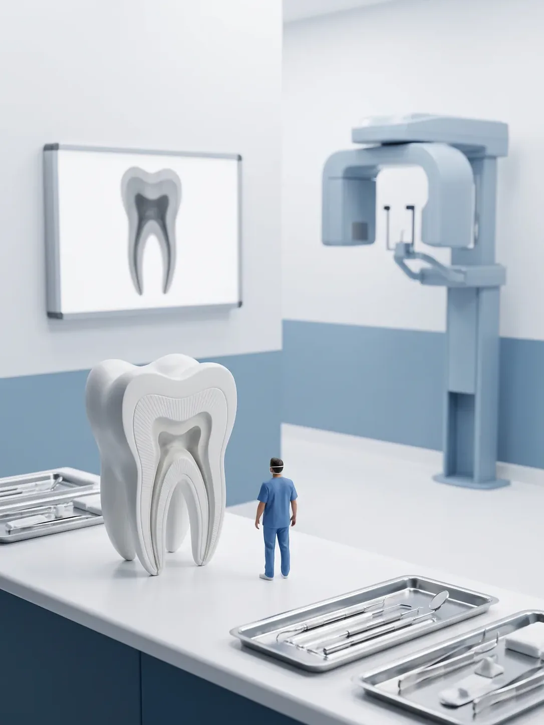 Molar gigante seccionado con los conductos a la vista, negatoscopio con su radiografía y equipo de rayos X en la misma sala de endodoncia en Metepec