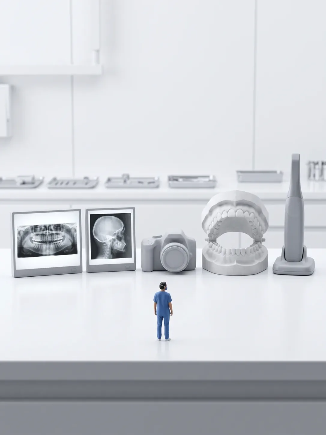 Diorama en miniatura: cinco elementos del estudio ortodóntico alineados —radiografía panorámica, lateral de cráneo, cámara fotográfica, modelo de arcada en yeso y escáner intraoral
