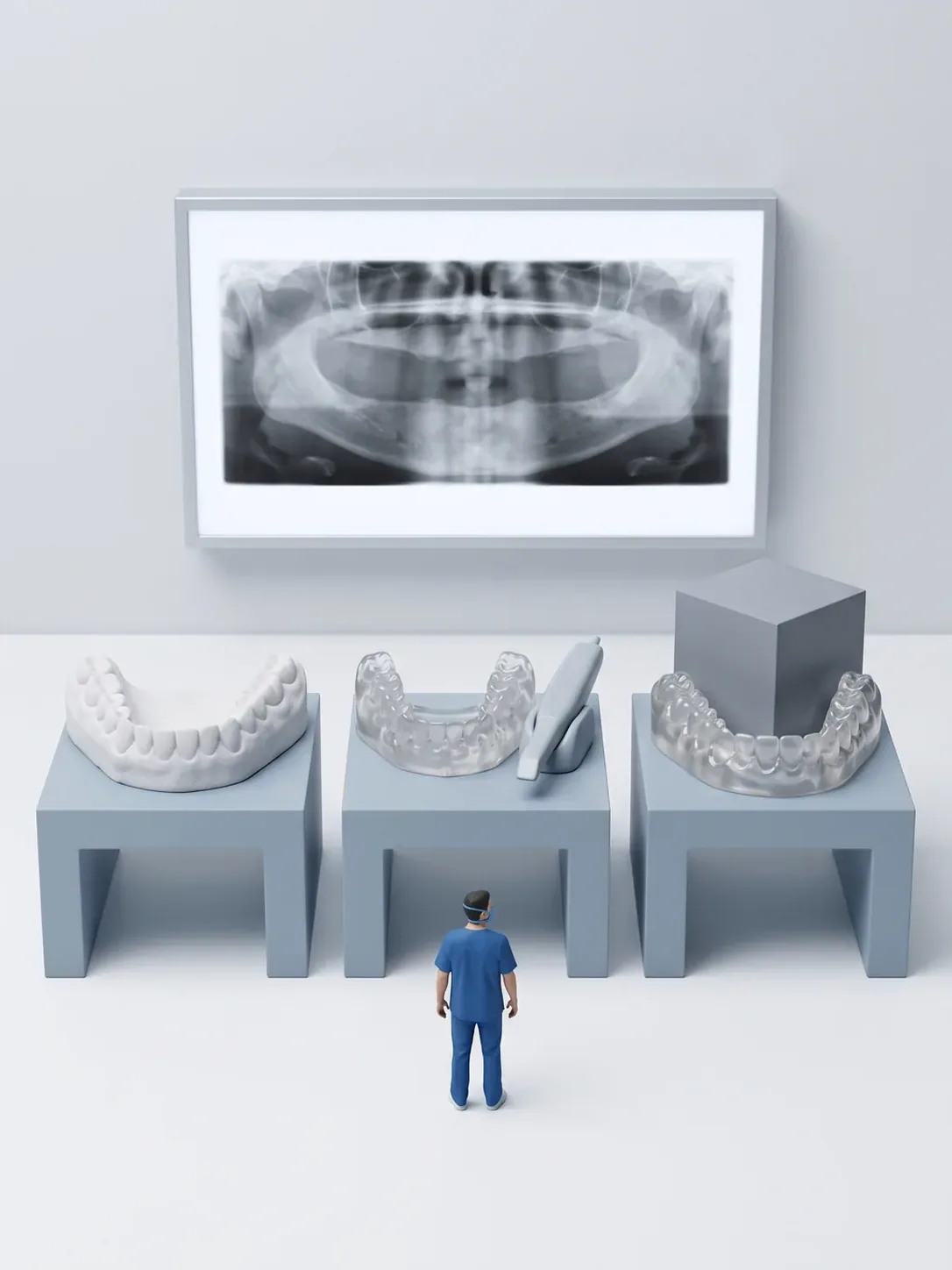 Tres pedestales con un par de arcadas en yeso, un par en resina con el escáner intraoral y ese mismo par junto al bloque de volumen 3D, frente a la panorámica, en Metepec