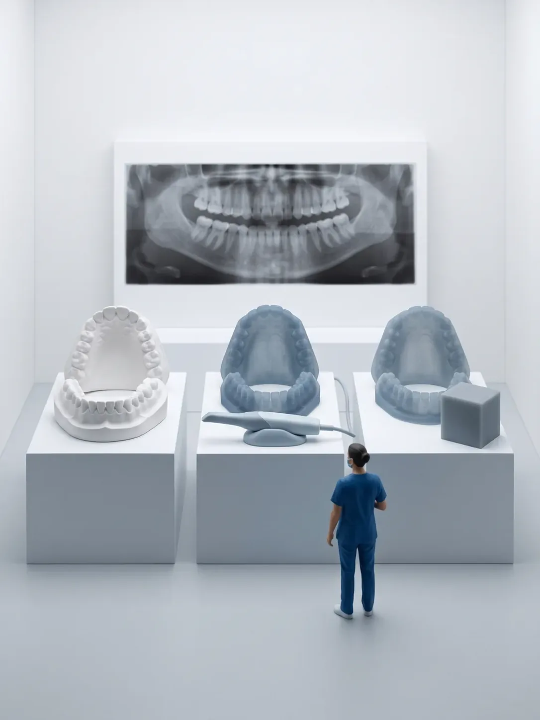 Tres pedestales con un par de modelos de arcada en yeso, un par en resina con escáner intraoral y un par con el bloque de volumen 3D, frente a la panorámica, en estudios ortodónticos en Toluca