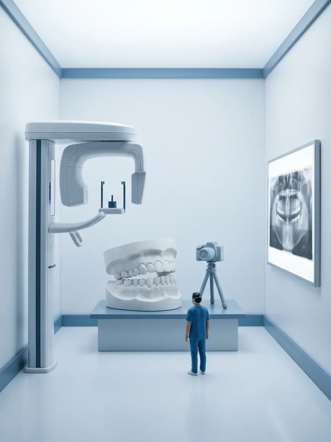 Una sola sala con el equipo de radiografía panorámica, los modelos de arcada con la cámara sobre trípode y la panorámica encendida en el negatoscopio, en Metepec