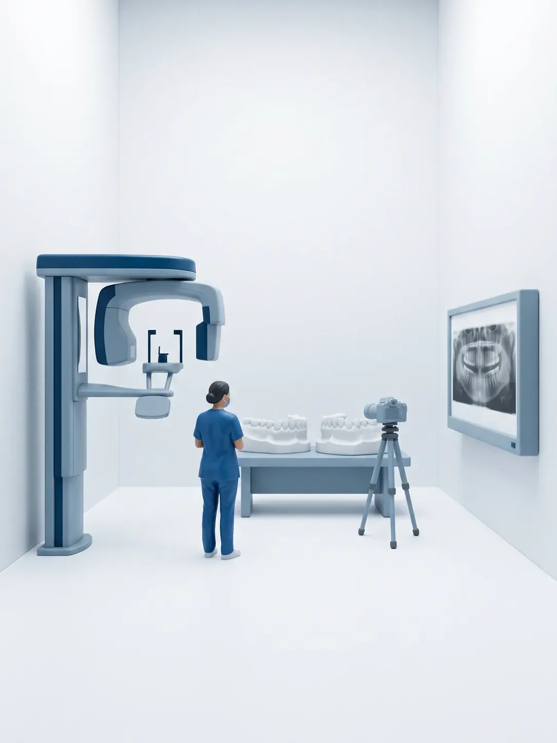 Equipo de radiografía panorámica, modelos de arcada en yeso, cámara clínica y negatoscopio con el estudio, todo en la misma sala, en estudios ortodónticos en Toluca