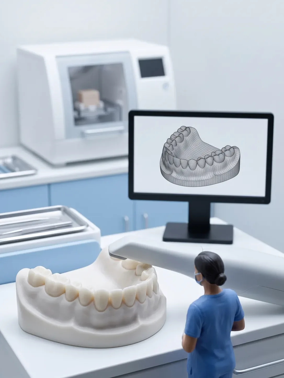 Diorama en miniatura: las tres estaciones del flujo digital en una sola sala —escáner intraoral, monitor con la malla tridimensional y fresadora con un bloque de cerámica dentro