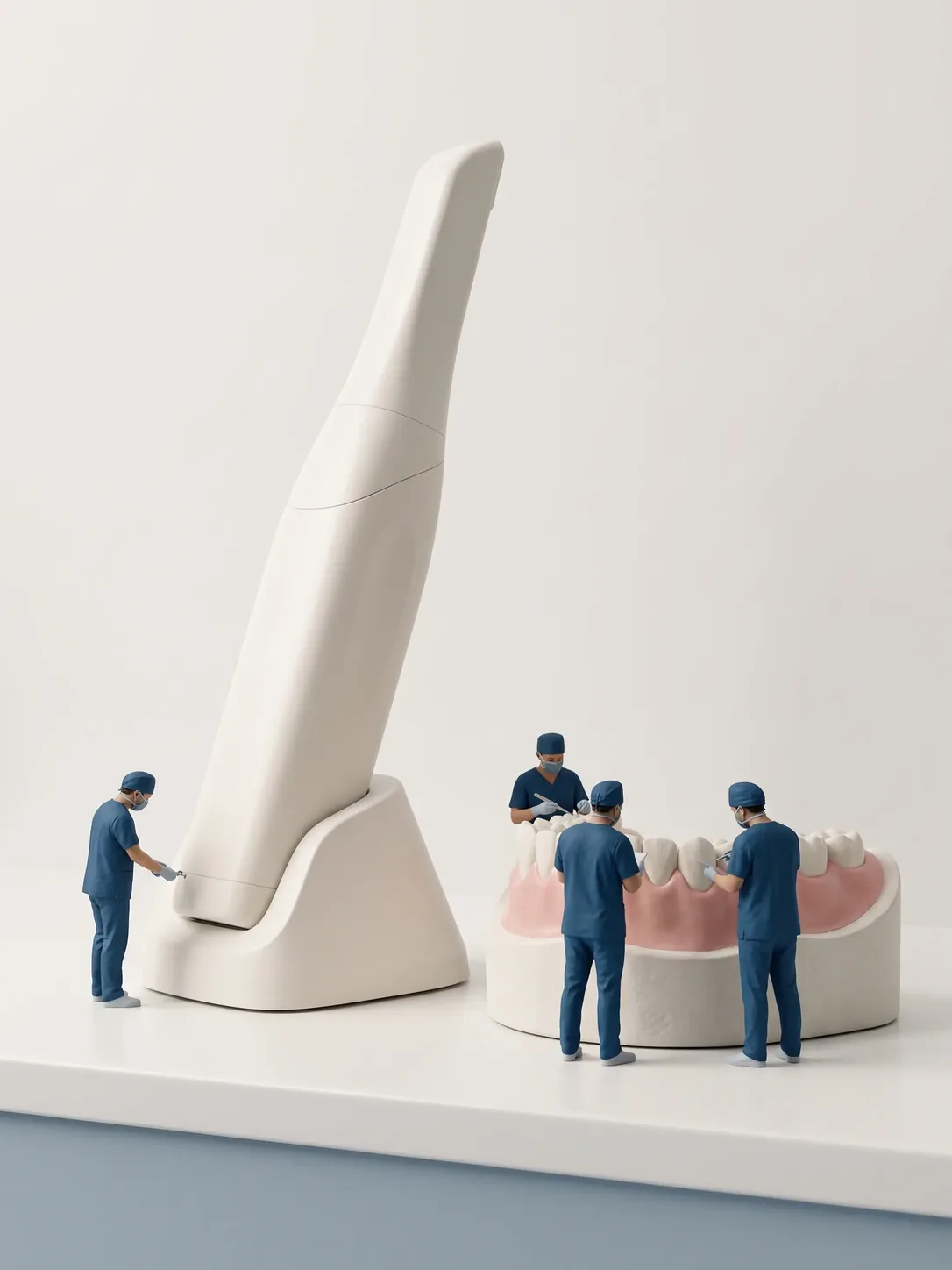 Escáner intraoral a escala gigante en su base, junto a un modelo de arcada dentaria con figuras en miniatura trabajando alrededor