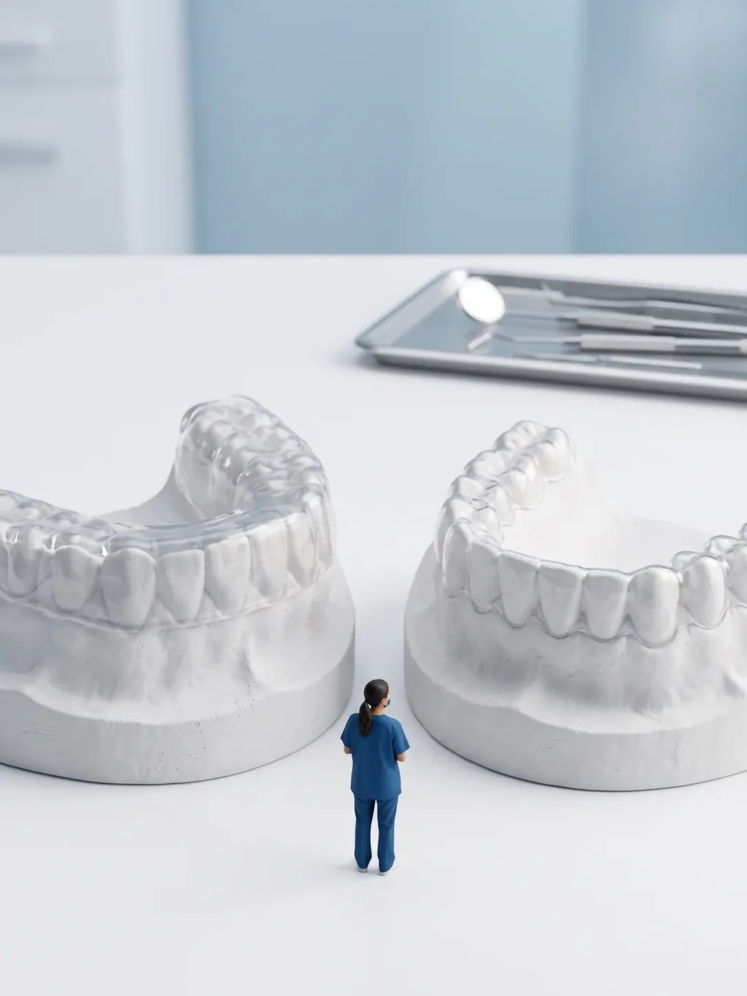Diorama en miniatura: dos modelos de arcada en yeso, uno con una guarda gruesa que cubre las caras masticatorias y otro con un retenedor fino que abraza el contorno de los dientes