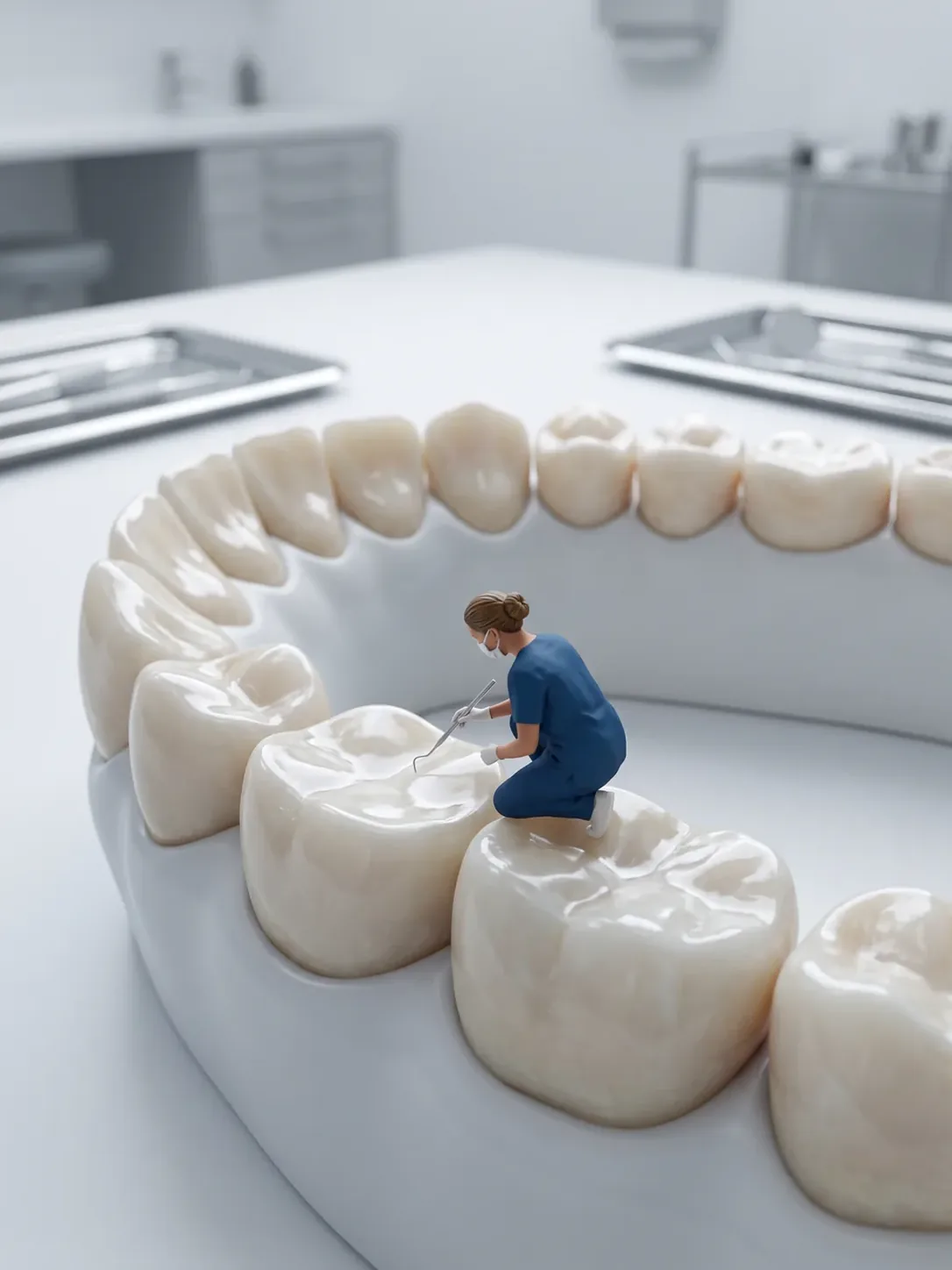 Diorama en miniatura: primer plano de molares con las cúspides aplanadas por el desgaste mientras una figura de personal dental recorre una de las superficies con un explorador