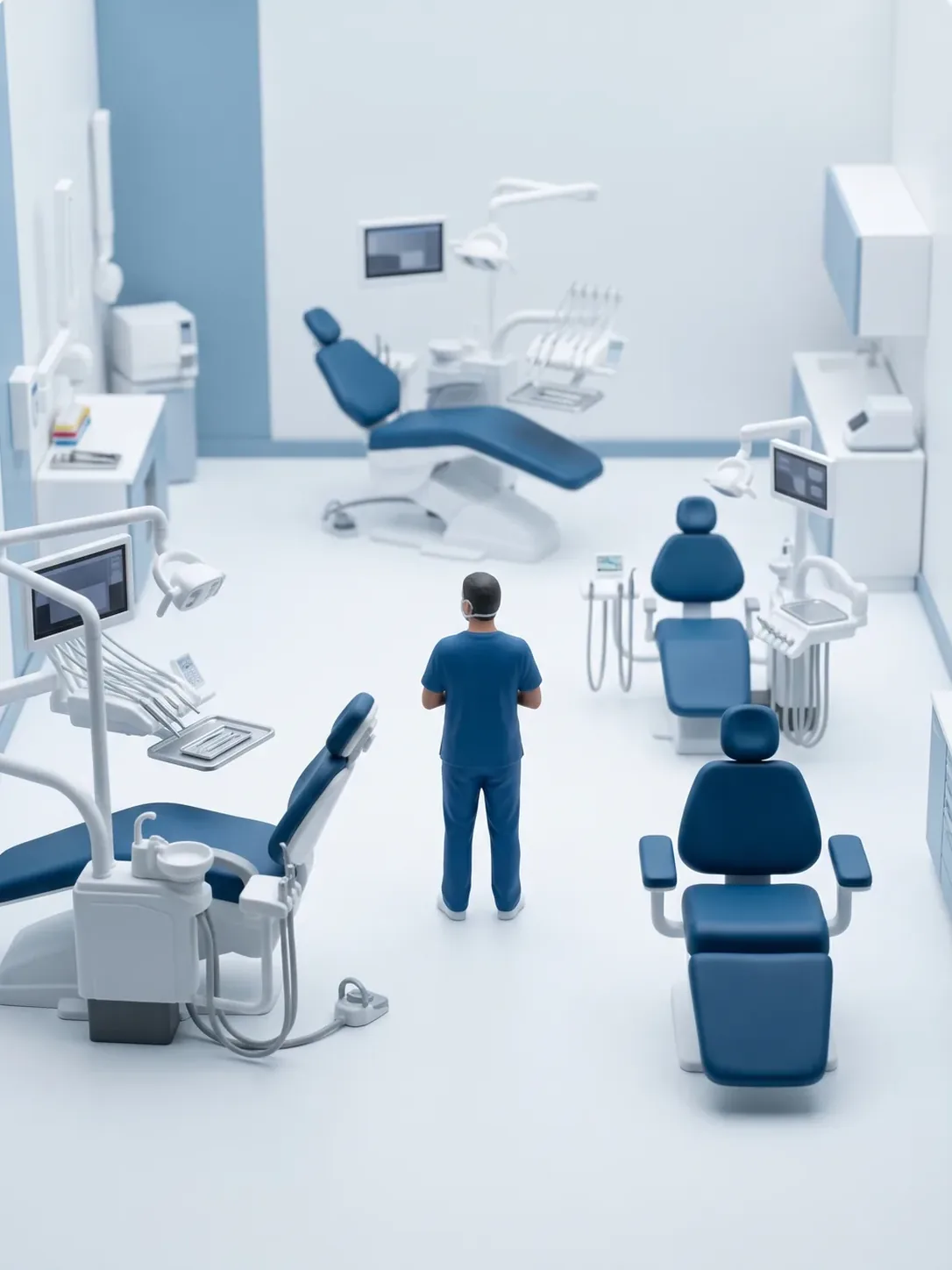 Diorama en miniatura: una sala clínica continua con varios sillones dentales de distinto tamaño, vacíos y ordenados, y una figura de personal dental en el centro
