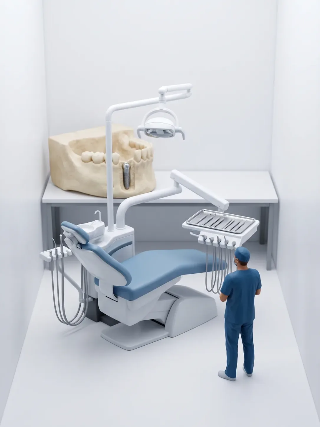 Consultorio con el sillón dental preparado y su bandeja quirúrgica, junto a un bloque de maxilar con un implante de titanio colocado, en Novodent para pacientes de Toluca