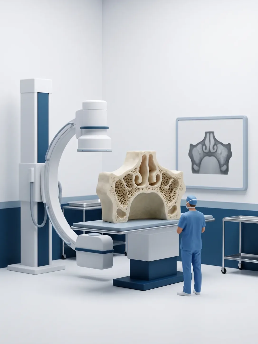 Bloque anatómico de maxilar seccionado junto al equipo de radiología y al negatoscopio que muestra ese mismo corte, en la misma sala de implantes dentales en Toluca