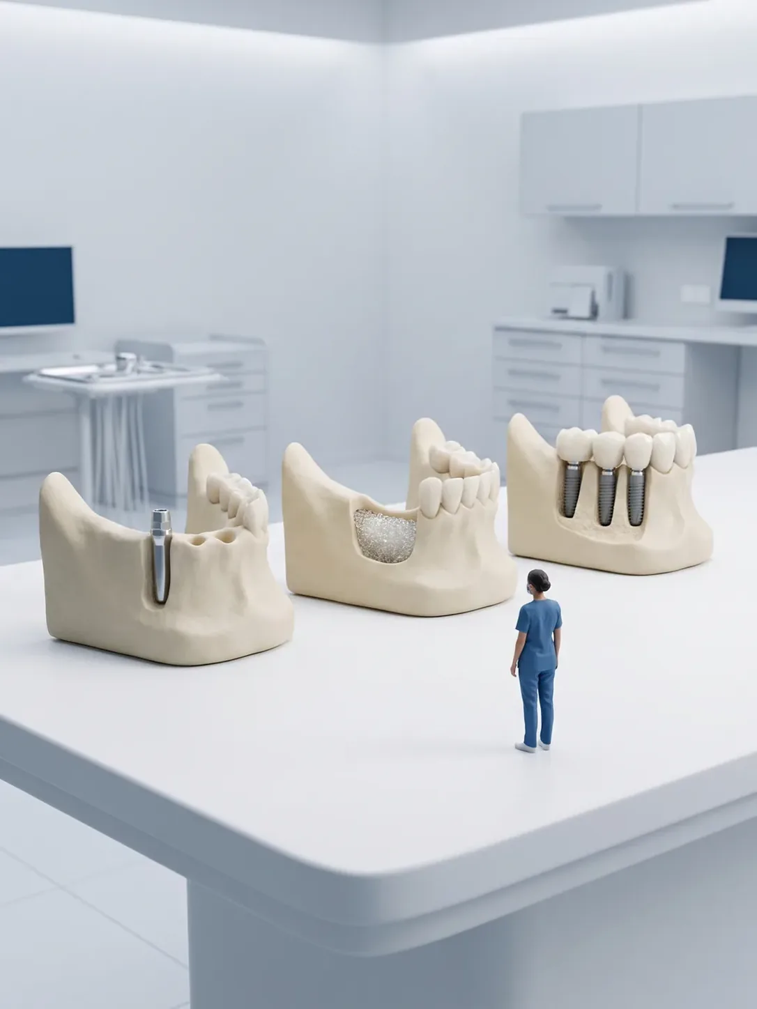 Tres modelos de maxilar con situaciones distintas —hueso alto con un implante, cresta baja con injerto, y tres implantes con puente— frente a un profesional, en implantes dentales en Toluca