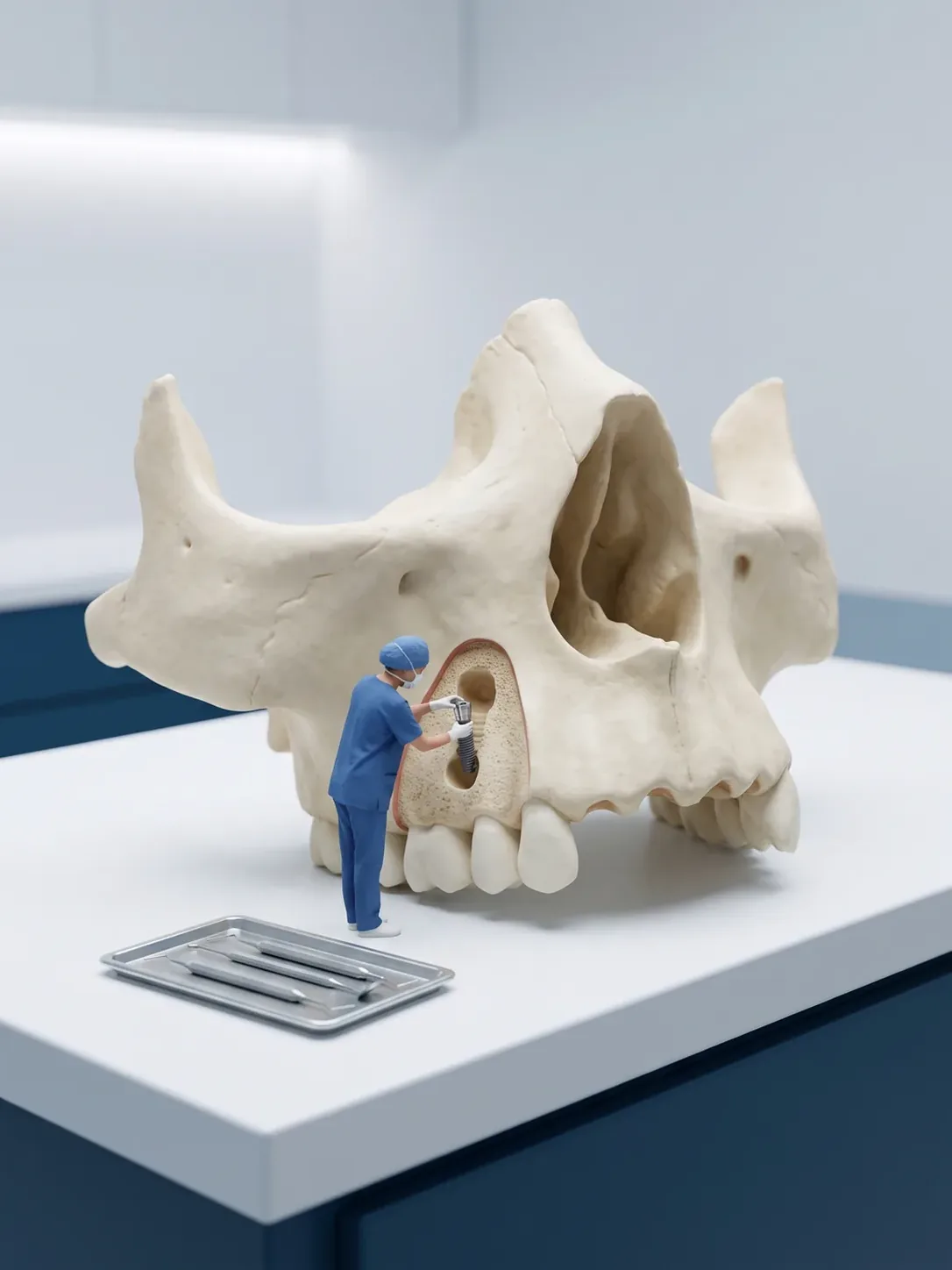 Cirujano trabajando sobre el lecho preparado de un bloque anatómico de maxilar con un implante de titanio colocado, junto a su bandeja de instrumental, en implantes dentales en Metepec