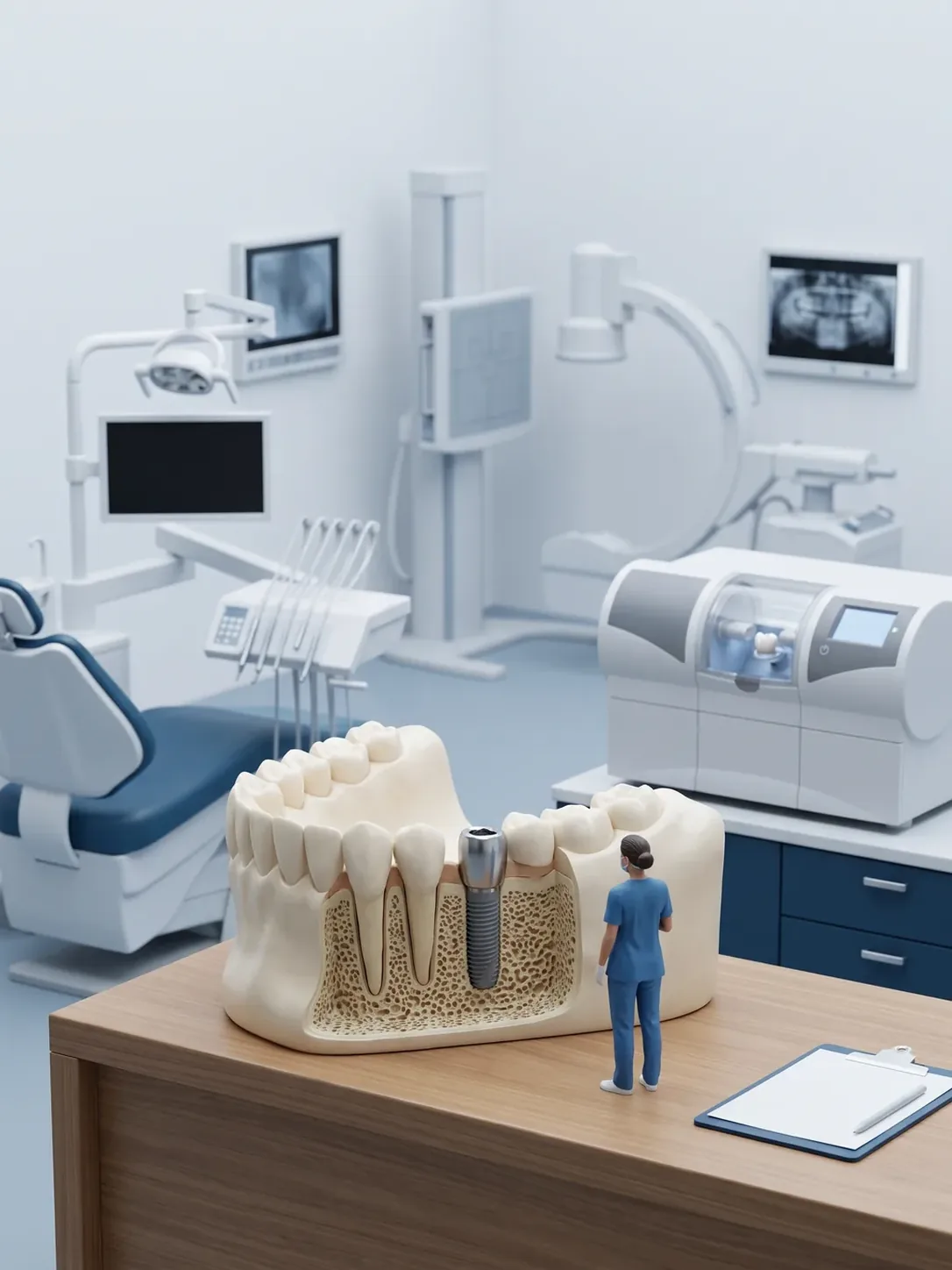 Bloque de maxilar seccionado con implante, fresadora con la corona de cerámica dentro y equipo de radiología, los tres en la misma sala, en implantes dentales en Metepec
