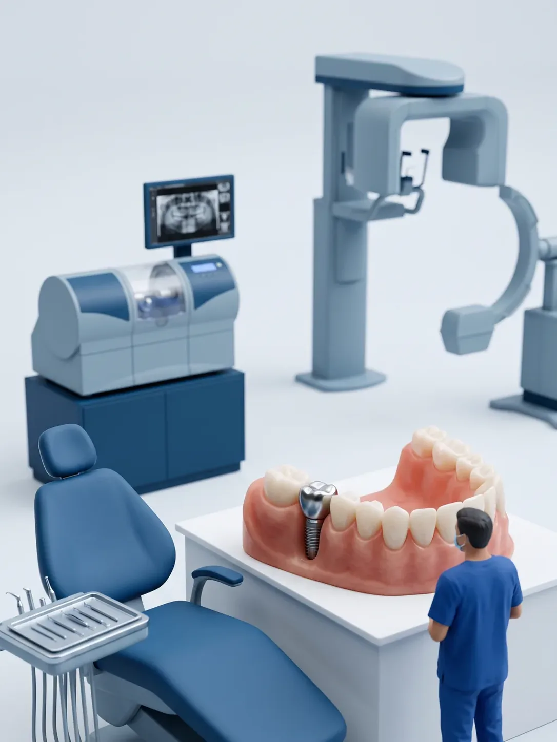 Diorama en miniatura: una sola sala con sillón dental, fresadora y equipo de radiología a la vez, y una arcada gigante con un implante colocado en el sector posterior