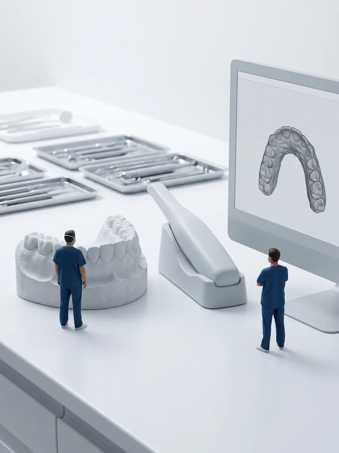 Diorama en miniatura: un modelo de arcada en yeso, un escáner intraoral en su base y un monitor con la malla tridimensional de esa misma arcada, con dos figuras de personal dental