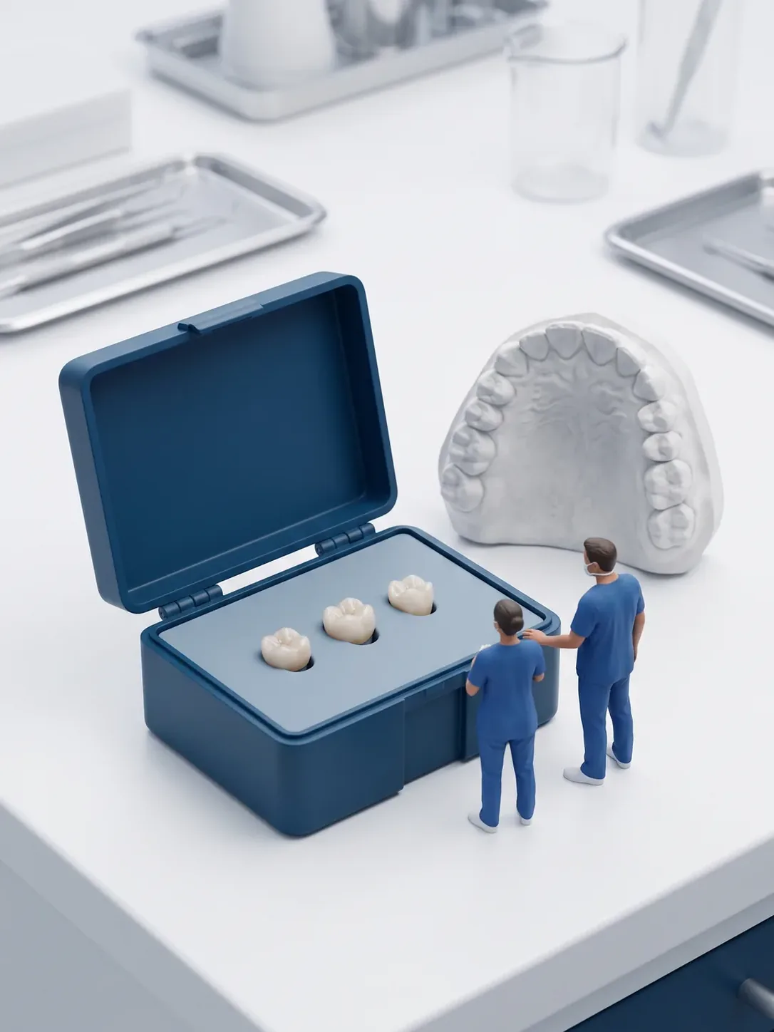 Caja rígida de transporte abierta con tres coronas de cerámica en su espuma, junto a un modelo de arcada en yeso, en el laboratorio dental de Novodent para consultorios