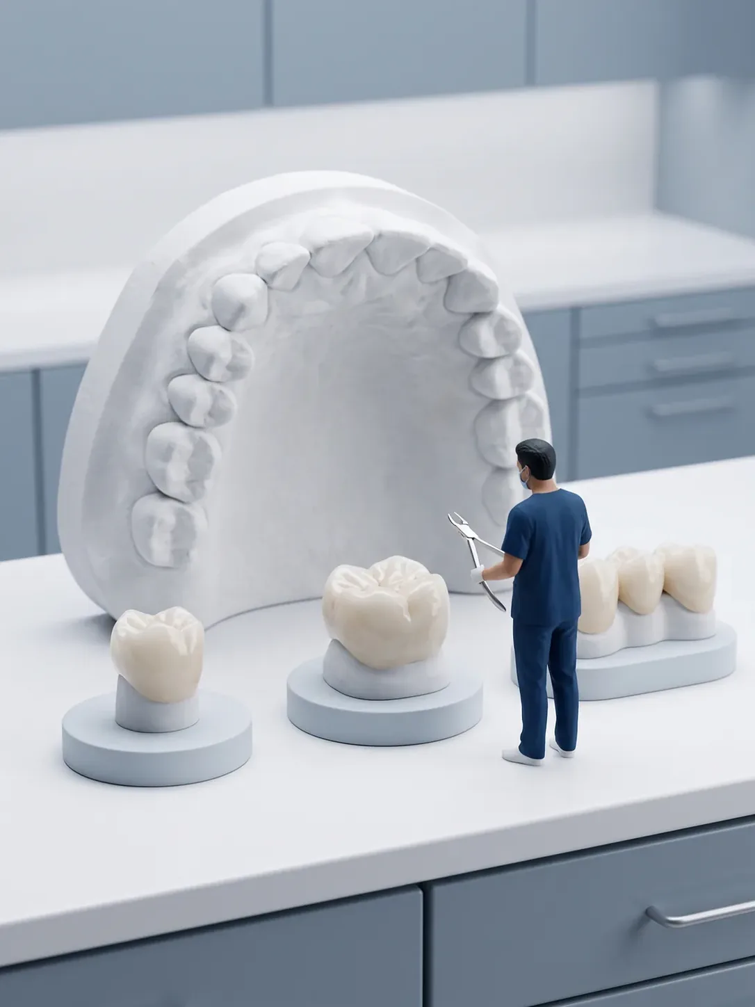 Corona individual, pieza de cerámica y puente de varias unidades sobre pedestales, con un modelo de arcada en yeso detrás, en el laboratorio dental propio de Novodent Toluca y Metepec