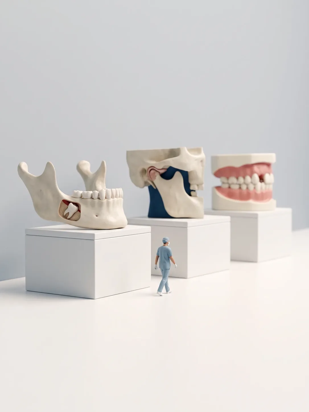 Tres modelos anatómicos en fila: una mandíbula con un molar retenido dentro del hueso, un corte de cráneo con la articulación y una arcada completa con encía