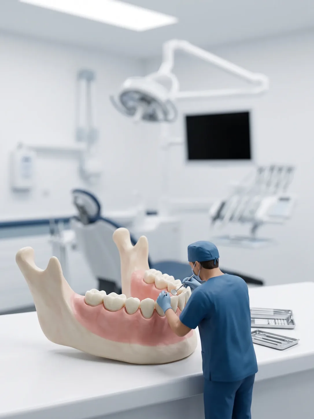Maqueta gigante de una mandíbula sobre una mesa; una figura en miniatura con bata azul, cubrebocas y guantes revisa los dientes inferiores con espejo y explorador. Al fondo, desenfocado, un consultorio dental.