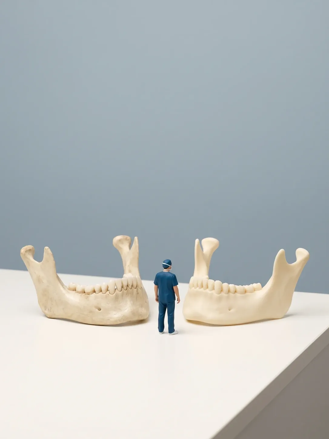 Dos modelos de mandíbula enfrentados sobre una mesa, con una figura en miniatura de personal clínico de pie entre ambos