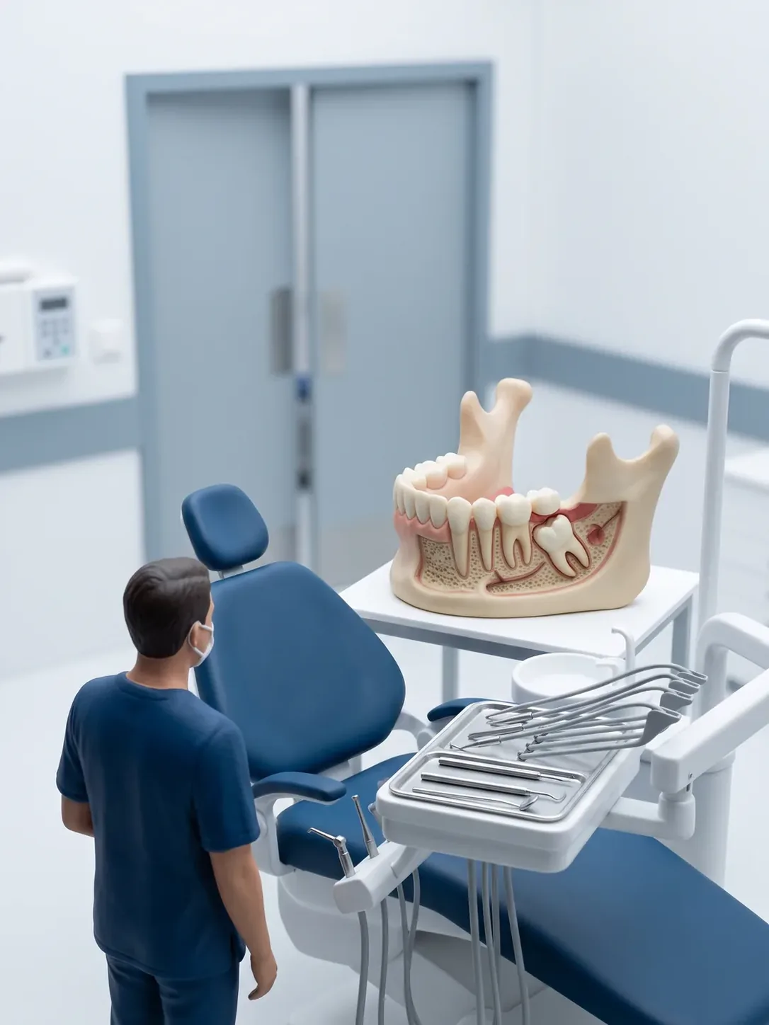 Sillón dental con la bandeja quirúrgica preparada y, sobre la mesa contigua, un modelo de mandíbula con un tercer molar retenido, con la puerta de quirófano cerrada al fondo, en Metepec