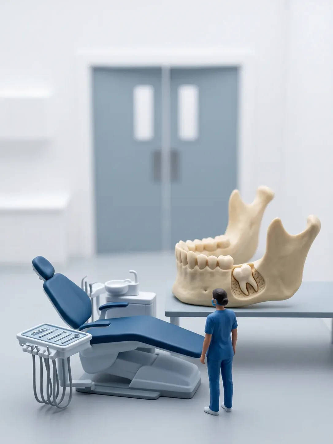 Sillón dental con la bandeja quirúrgica preparada y un modelo de mandíbula con un tercer molar retenido, con la puerta de quirófano cerrada y desenfocada al fondo, para pacientes de Toluca