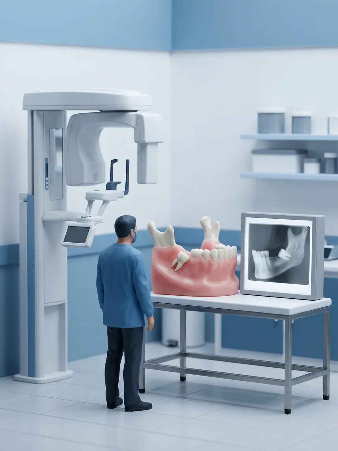 Equipo de radiografía panorámica junto a un modelo de mandíbula con un tercer molar inclinado y el negatoscopio que muestra ese mismo estudio, en la misma sala en Toluca
