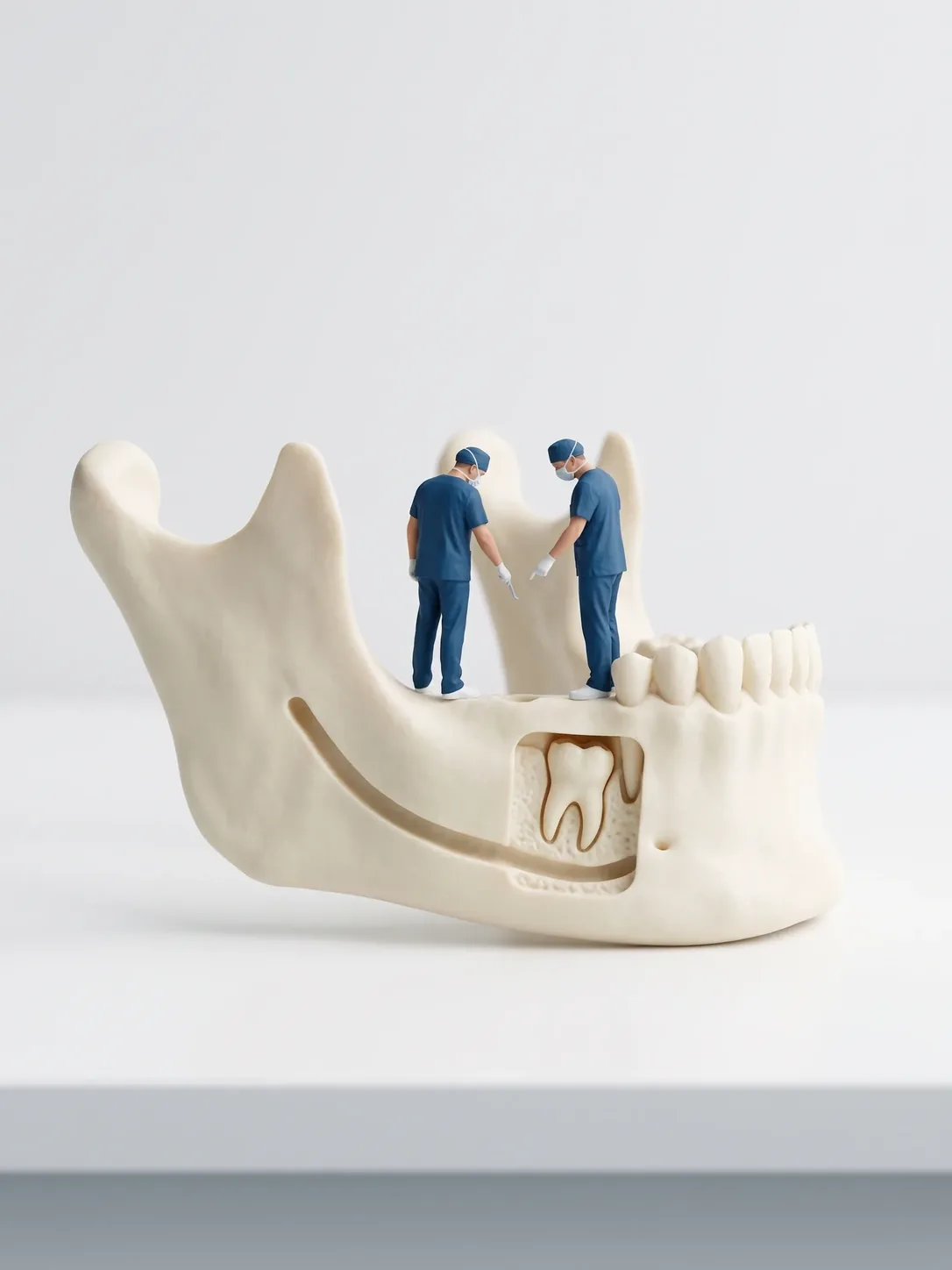 Modelo de mandíbula con una ventana abierta en el hueso que deja ver un molar retenido y el trayecto del conducto, con dos figuras en miniatura señalando desde arriba