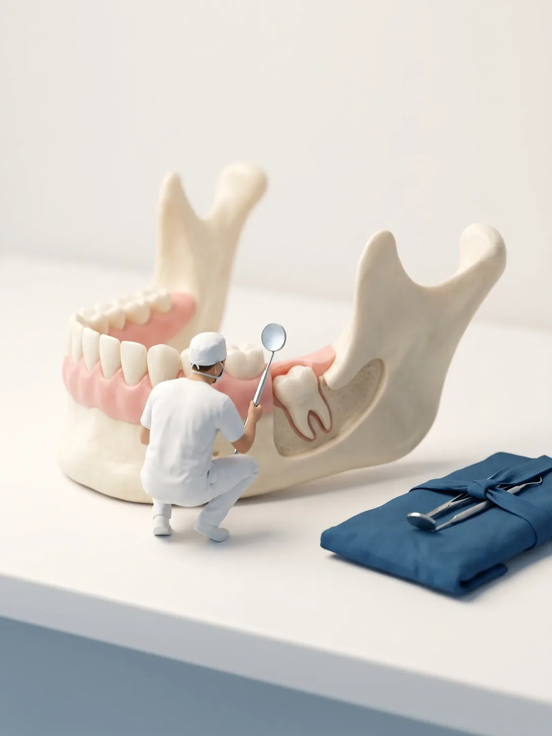 Figura en miniatura explorando con un espejo la zona del tercer molar en un modelo de mandíbula, junto a un rollo de instrumental