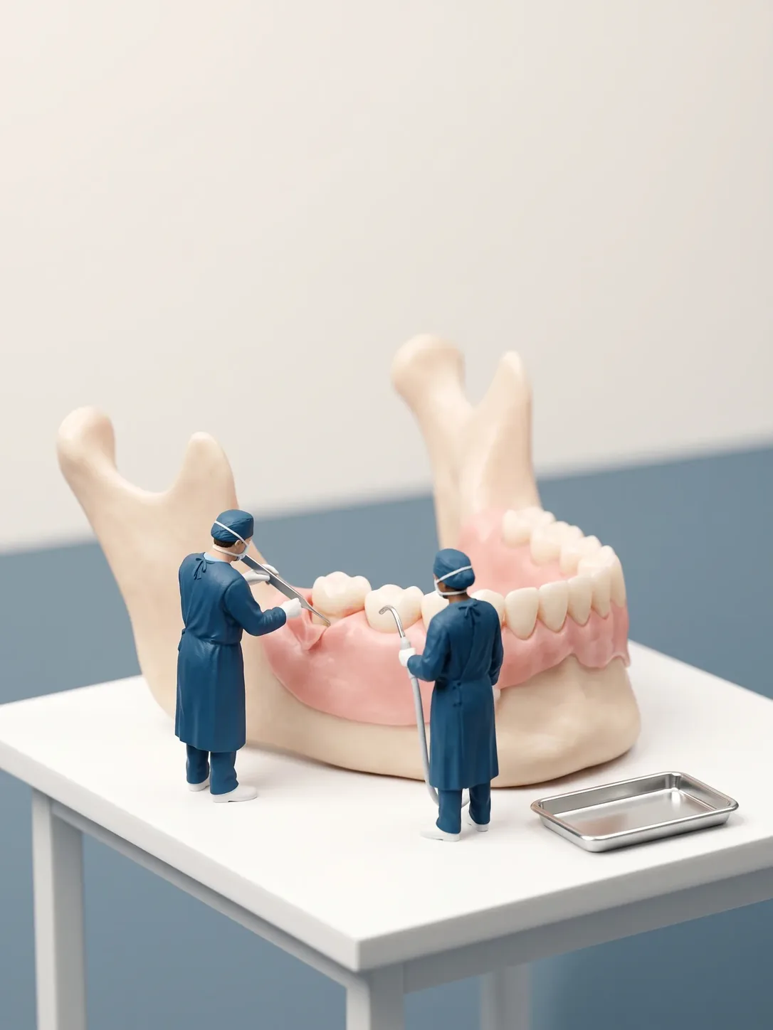 Dos figuras en miniatura con bata quirúrgica trabajando sobre un modelo de mandíbula con encía, una con instrumental y otra con cánula de succión