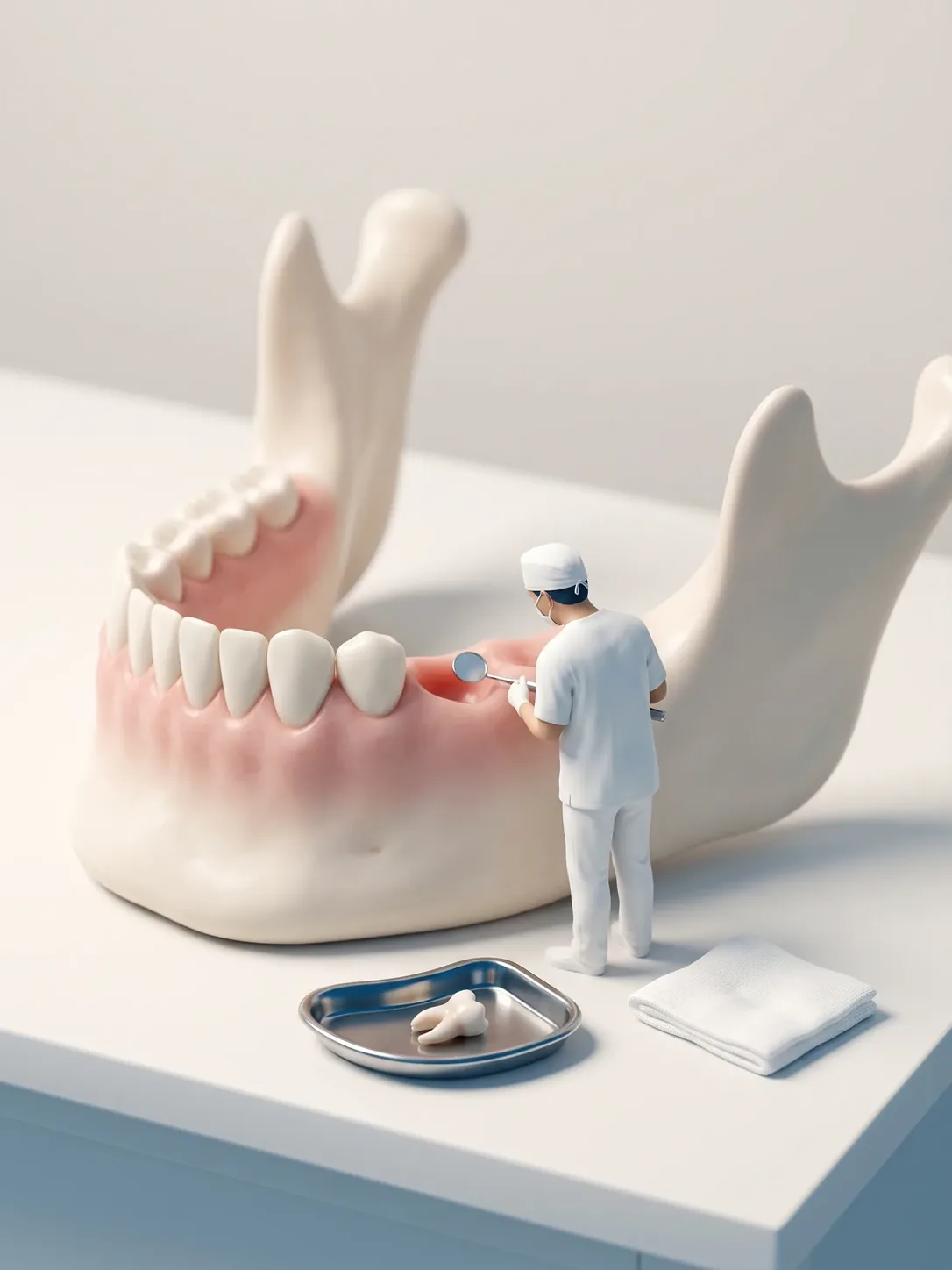 Modelo de mandíbula con el espacio donde estaba el tercer molar, una figura en miniatura revisando con espejo, y el diente extraído en una bandeja junto a una gasa