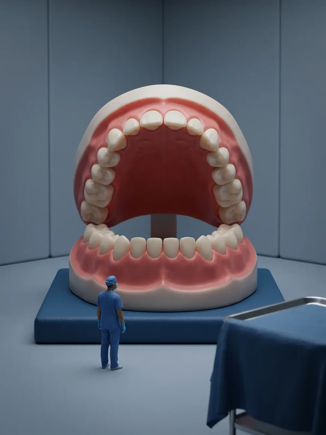 Diorama en miniatura: una figura de personal dental, sola y de espaldas, frente a una maqueta gigante de boca abierta sobre una plataforma azul.