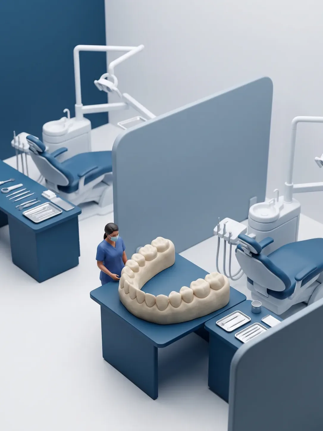 Diorama en miniatura: dos consultorios dentales separados por una mampara y, en el escritorio central, una maqueta gigante de arcada dental con una figura de personal al lado.