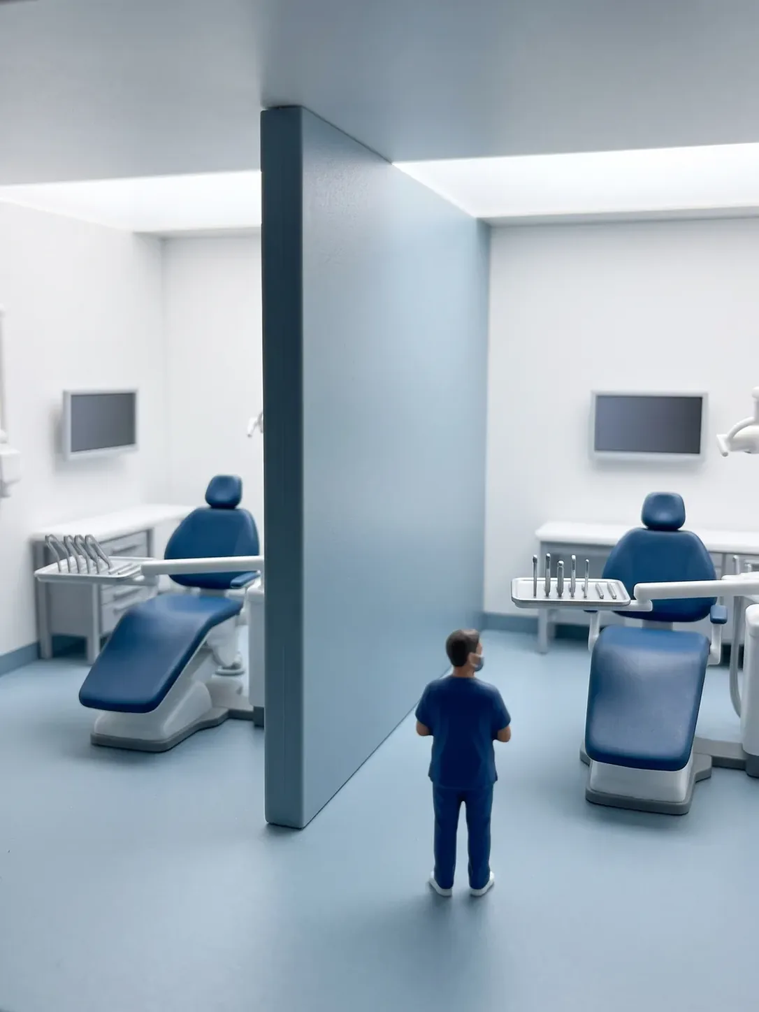 Dos estaciones dentales contiguas e idénticas separadas por un tabique, vacías y ordenadas, con un profesional en el pasillo, en odontopediatría para pacientes de Toluca
