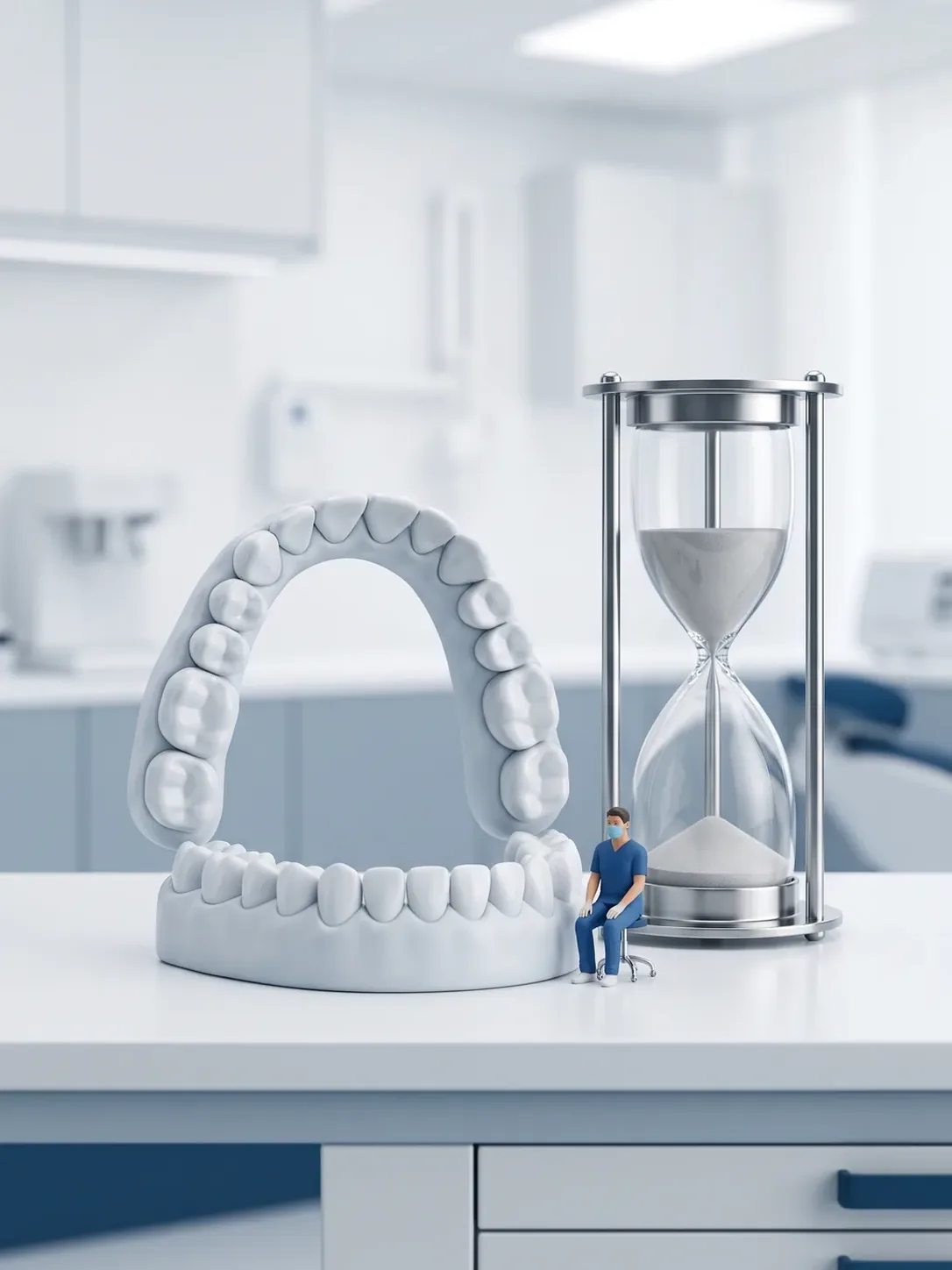 Diorama en miniatura: una maqueta gigante de arcada dental junto a un reloj de arena, con una figura de personal dental sentada en la base del reloj.