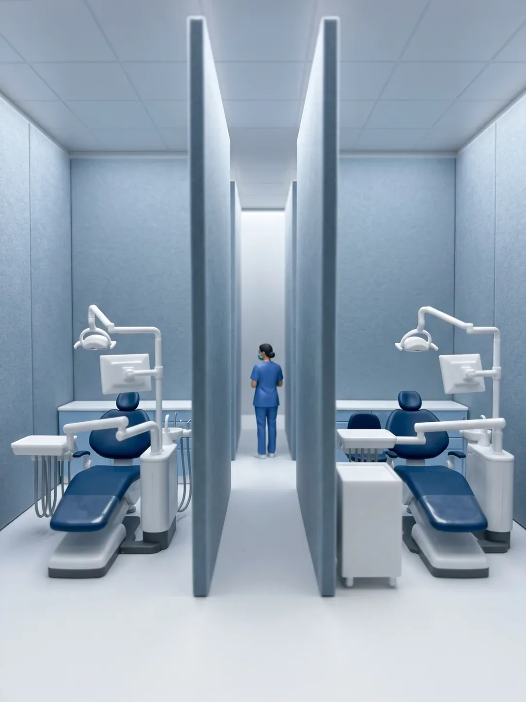 Dos estaciones idénticas con paredes y techo revestidos de paneles acústicos gruesos, separadas por un tabique mate, en odontopediatría inclusiva en Metepec