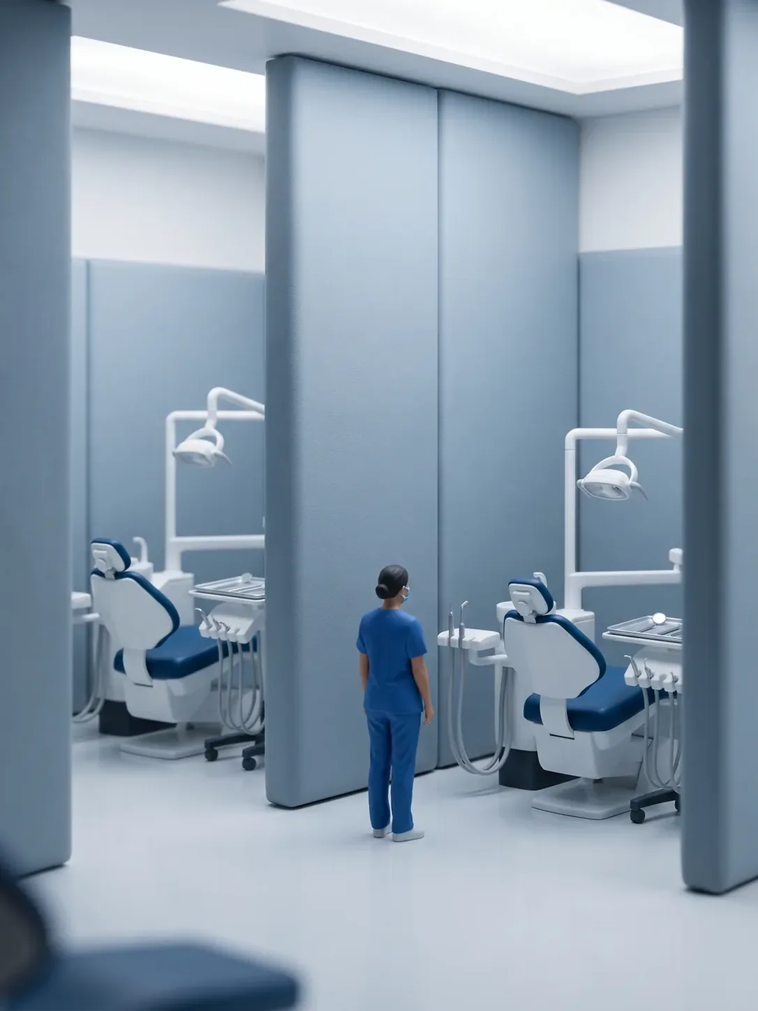 Dos estaciones idénticas separadas por un tabique de paneles acústicos gruesos, vacías y con luz baja y pareja, en odontopediatría inclusiva para pacientes de Toluca