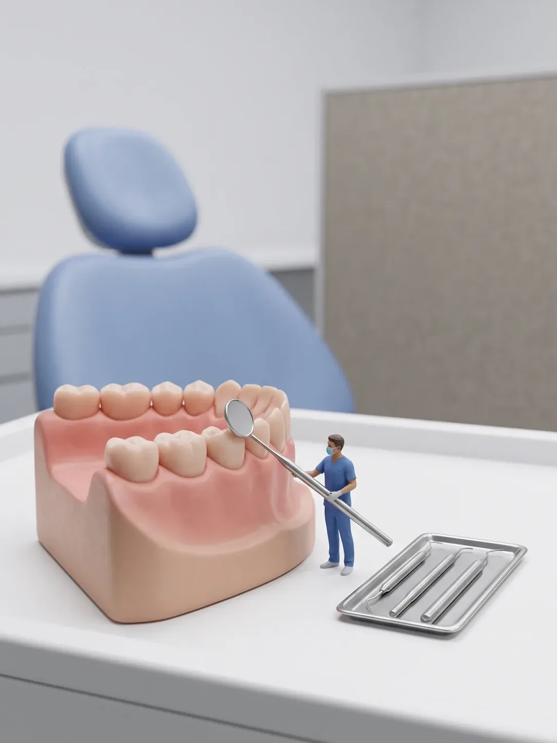 Especialista apoyando el espejo dental junto a una pieza en un modelo gigante de encía y dientes de tejido rosa uniforme, con la bandeja al lado, en odontopediatría inclusiva en Metepec