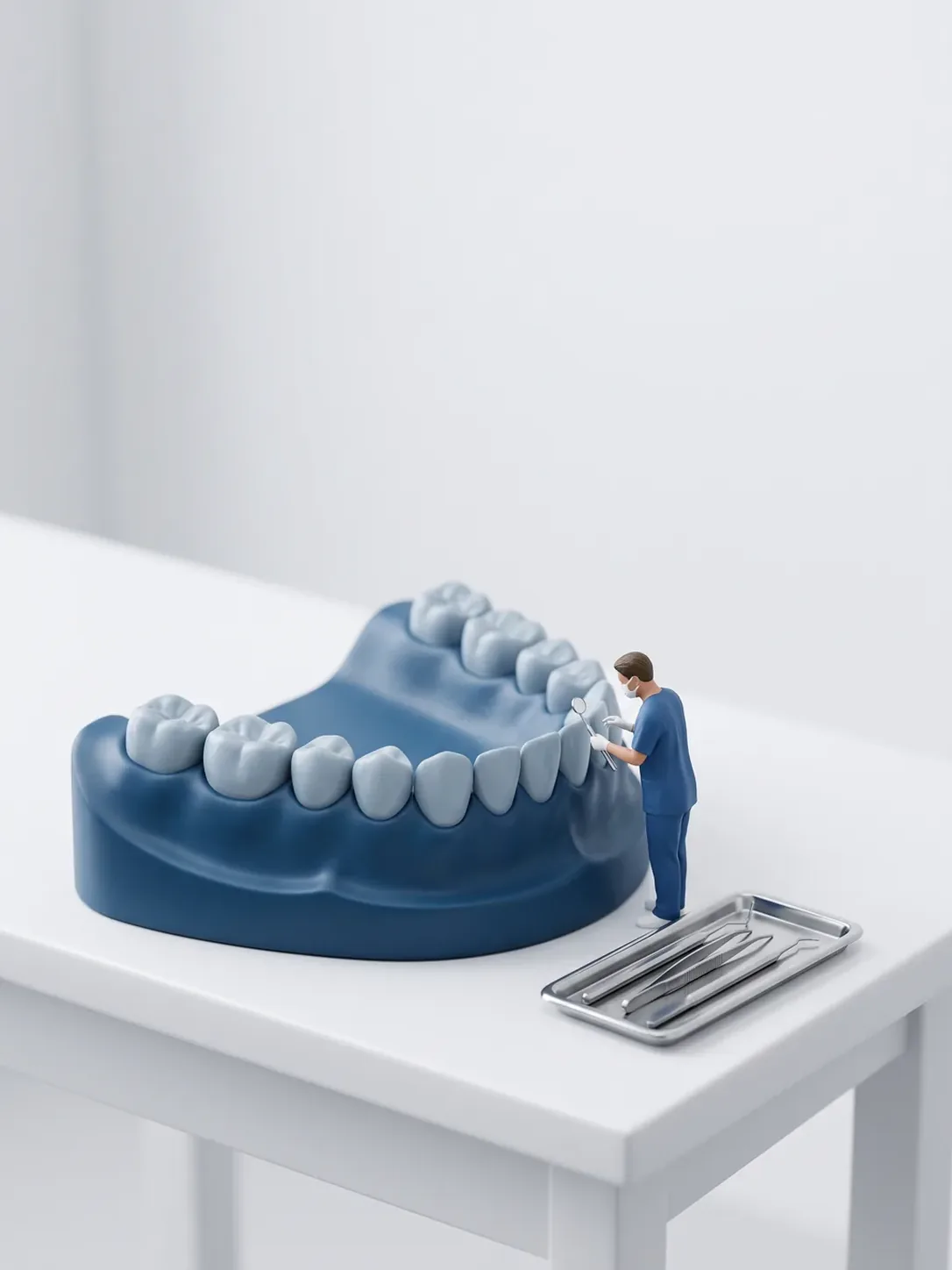 Diorama en miniatura: una figura de personal dental trabaja sobre los dientes frontales de una maqueta gigante de arcada, con una bandeja de instrumental al lado.