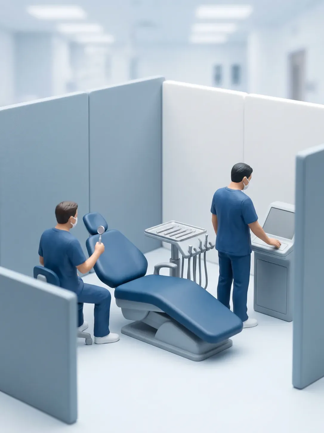 Dos profesionales en tareas simultáneas junto al sillón dental: uno con el espejo en la cabecera y otro atendiendo la consola clínica, en sedación consciente pediátrica en Metepec