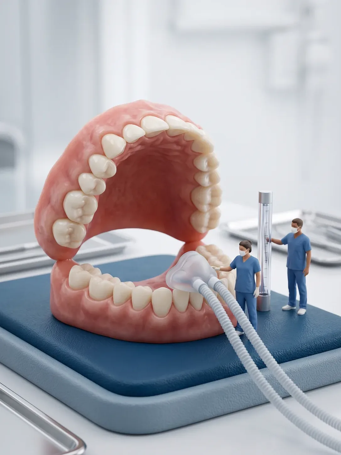 Diorama en miniatura: una maqueta gigante de boca abierta con una mascarilla y sus tubos apoyados sobre la arcada inferior; al lado, dos figuras de personal dental junto a una columna de flujómetro.