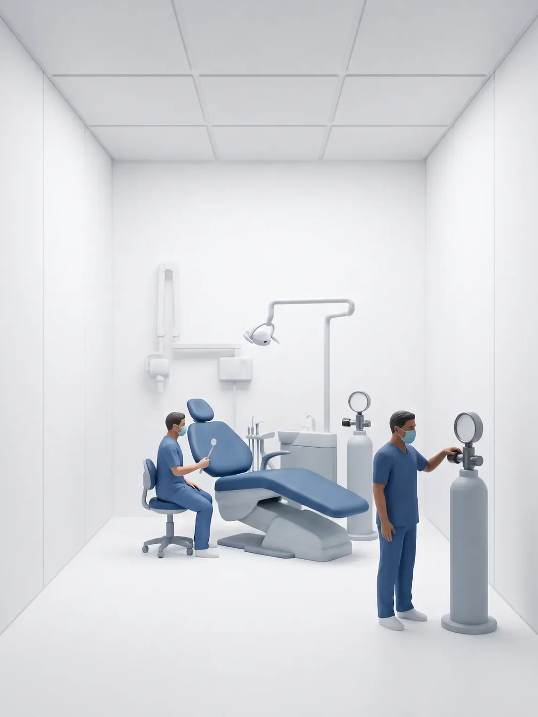 Sillón dental vacío en una sala de paneles lisos: una figura trabaja a la cabecera con el espejo mientras otra mantiene la mano en la válvula de la columna de gas, en Toluca