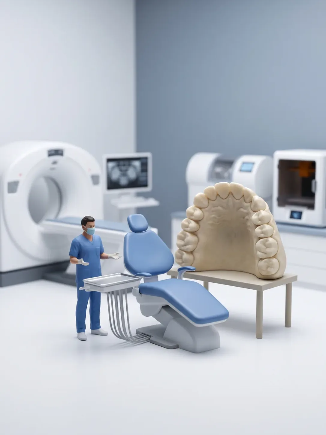 Diorama en miniatura: un sillón dental vacío y una maqueta gigante de arcada sobre una mesa; una figura de personal dental de pie al lado, sin instrumentos en las manos.