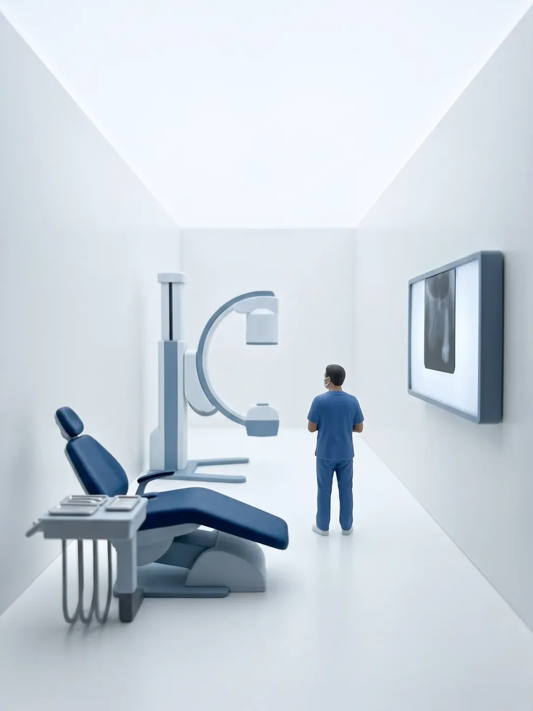 Sillón dental, equipo de radiología y negatoscopio alineados en una misma sala continua, con un profesional en el pasillo, en odontopediatría inclusiva para pacientes de Toluca