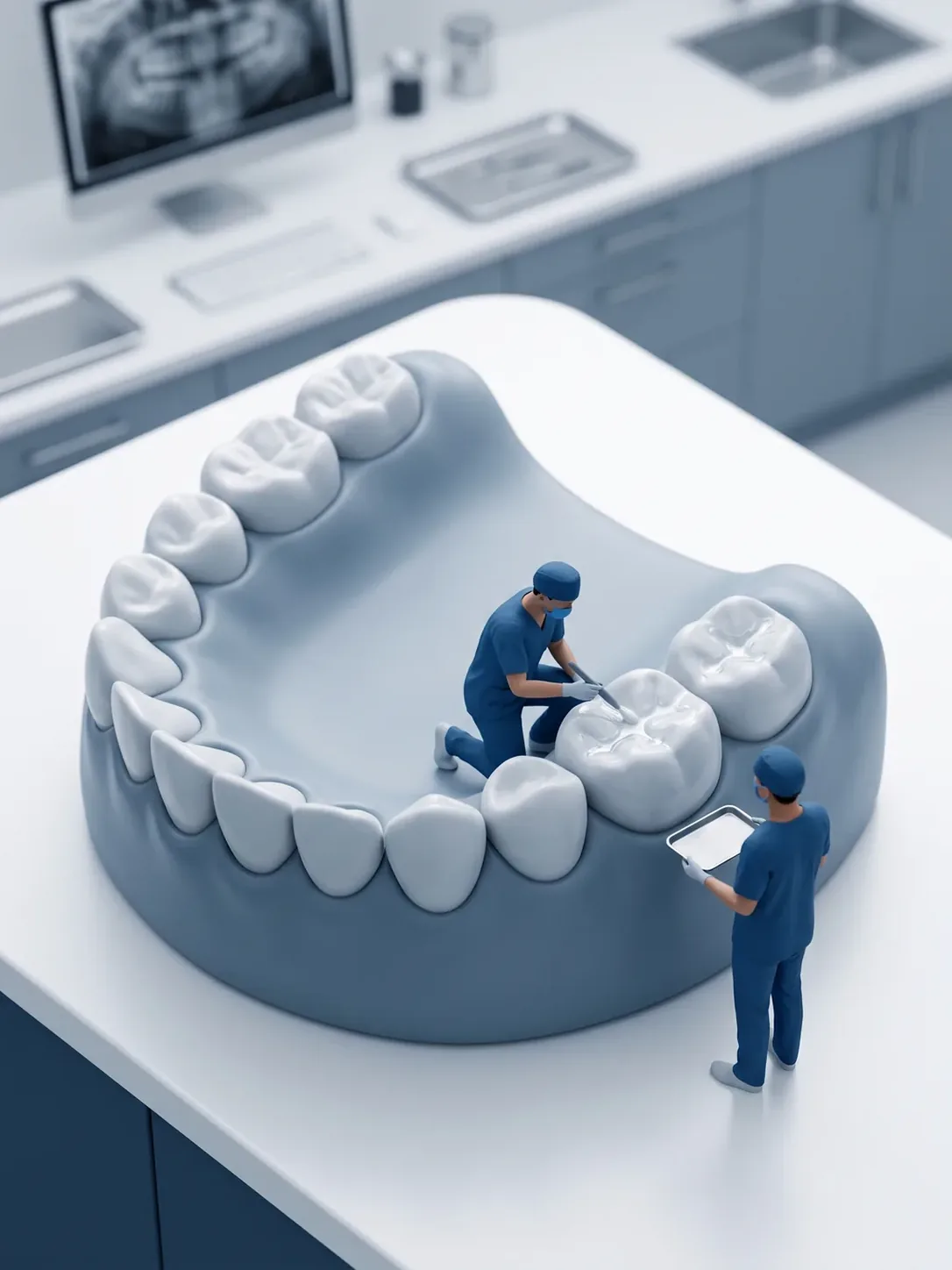 Diorama en miniatura: dos figuras de personal dental sobre una maqueta gigante de arcada; una pasa un instrumento por la superficie de un molar y la otra consulta una tableta. Al fondo, una radiografía panorámica en un monitor.