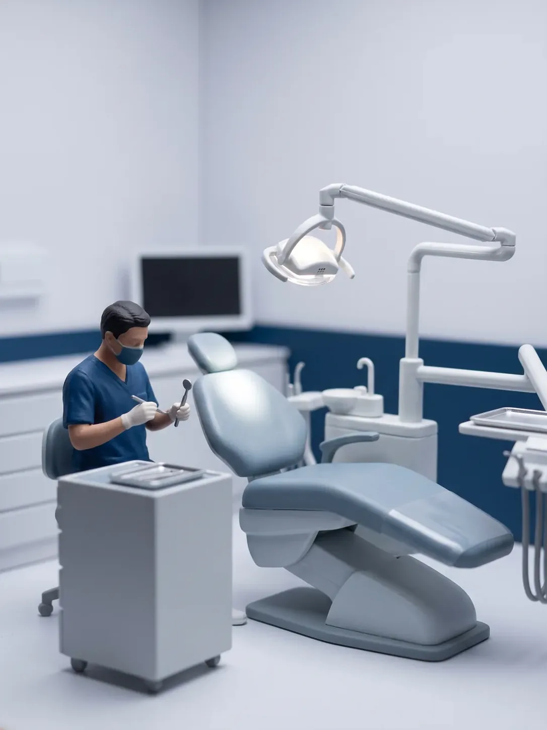 Odontopediatra con espejo y explorador junto al sillón dental con la lámpara encendida y el carro clínico al lado, en Novodent Metepec