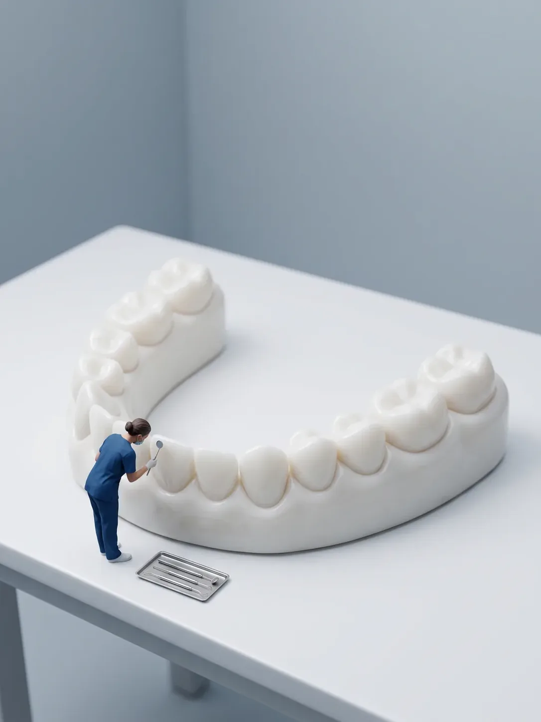 Arcada dental infantil gigante de coronas bajas y redondeadas con una odontopediatra inclinada sobre el sector anterior, espejo en mano y bandeja al lado, en Novodent Toluca