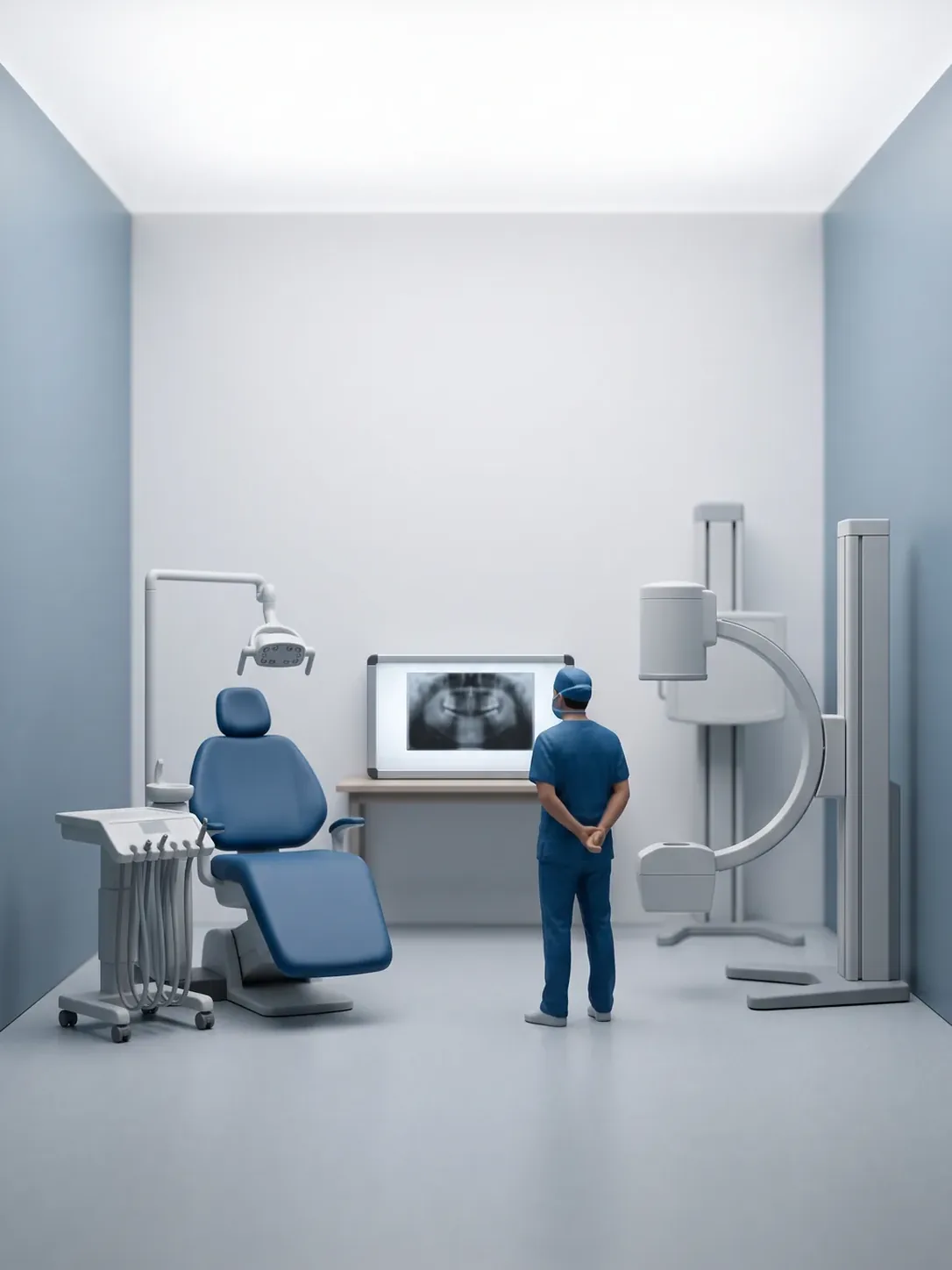 Sillón dental, negatoscopio con la radiografía y equipo de rayos X en la misma sala, para no salir a buscar el estudio, en odontopediatría para pacientes de Toluca