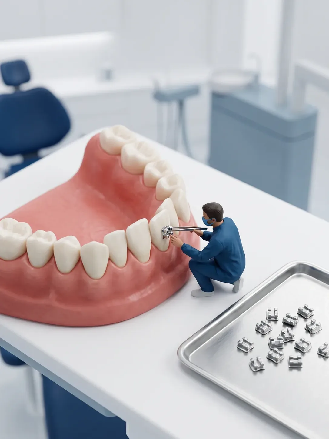 Diorama en miniatura: una figura de personal dental coloca con pinzas un bracket sobre un diente de una arcada gigante, junto a una bandeja con brackets sueltos